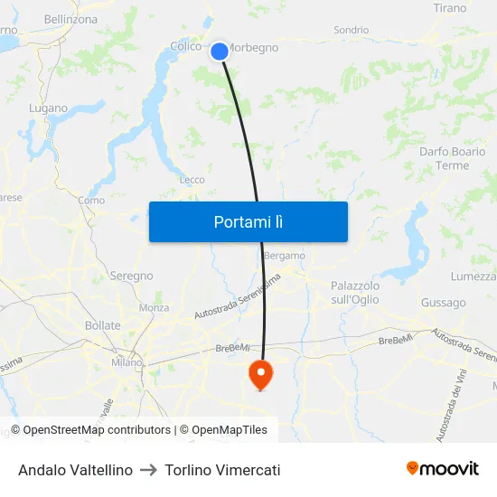 Andalo Valtellino to Torlino Vimercati map