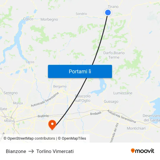 Bianzone to Torlino Vimercati map