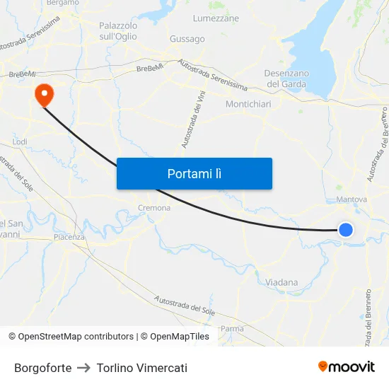 Borgoforte to Torlino Vimercati map
