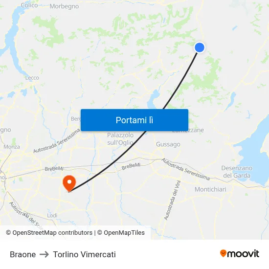 Braone to Torlino Vimercati map