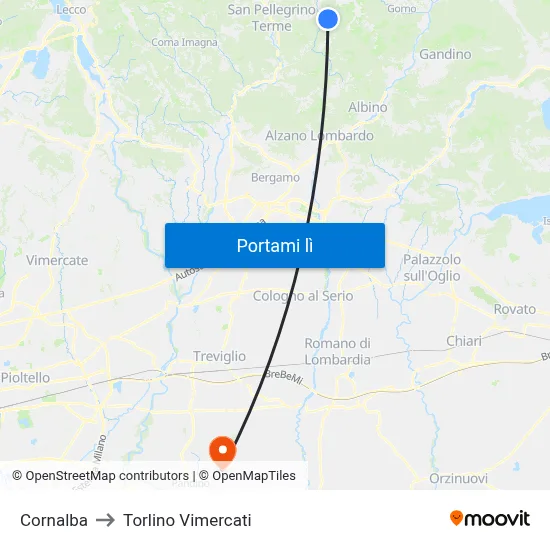 Cornalba to Torlino Vimercati map