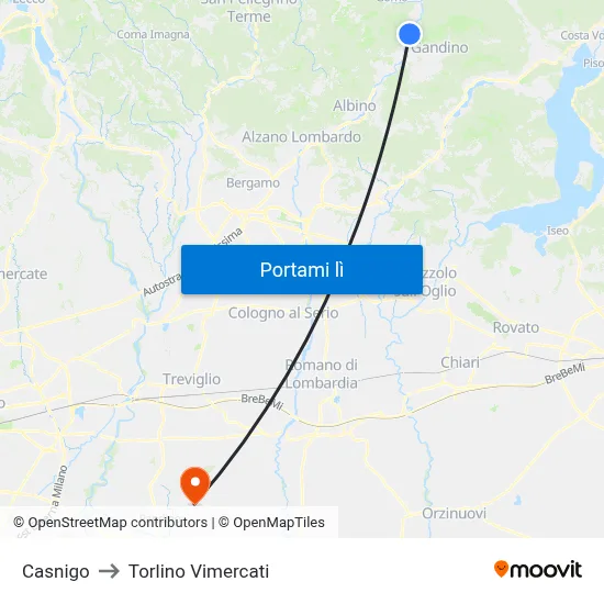 Casnigo to Torlino Vimercati map
