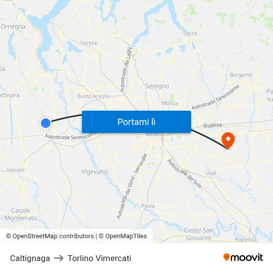 Caltignaga to Torlino Vimercati map