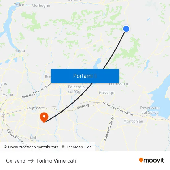 Cerveno to Torlino Vimercati map