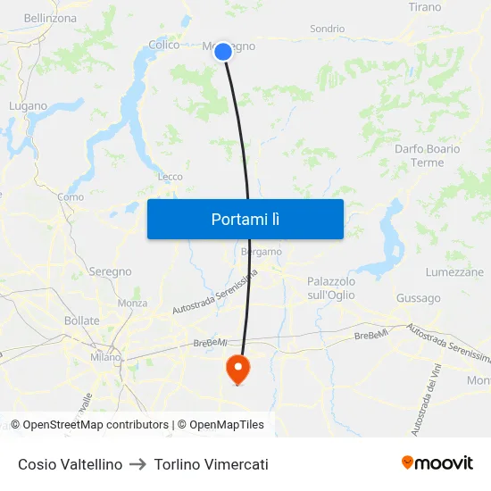 Cosio Valtellino to Torlino Vimercati map