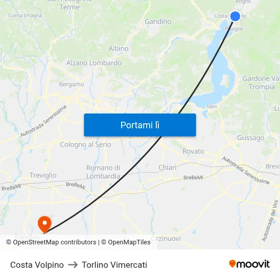 Costa Volpino to Torlino Vimercati map