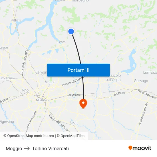 Moggio to Torlino Vimercati map