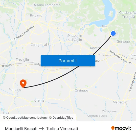 Monticelli Brusati to Torlino Vimercati map