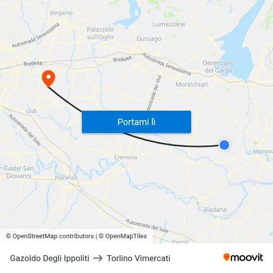 Gazoldo Degli Ippoliti to Torlino Vimercati map