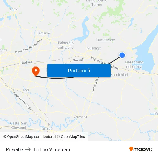 Prevalle to Torlino Vimercati map