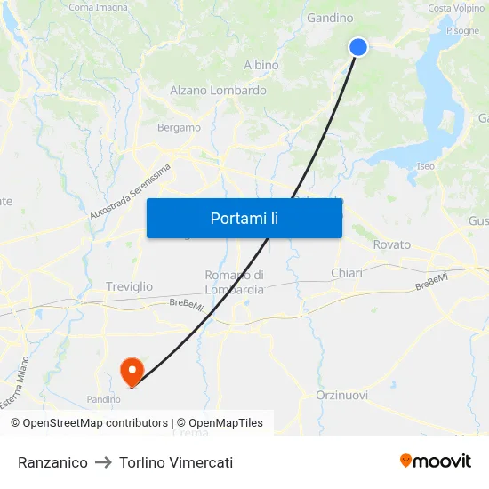 Ranzanico to Torlino Vimercati map