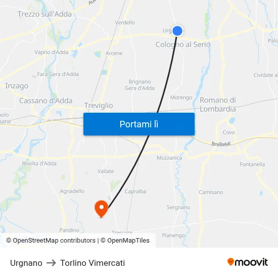 Urgnano to Torlino Vimercati map