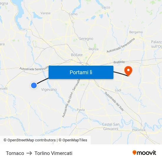 Tornaco to Torlino Vimercati map