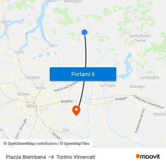 Piazza Brembana to Torlino Vimercati map