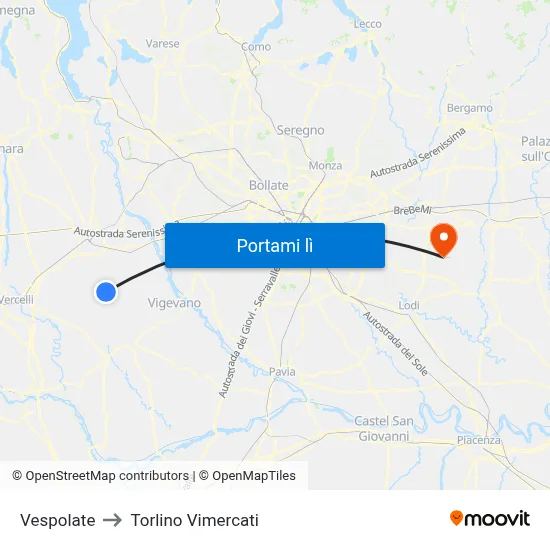 Vespolate to Torlino Vimercati map