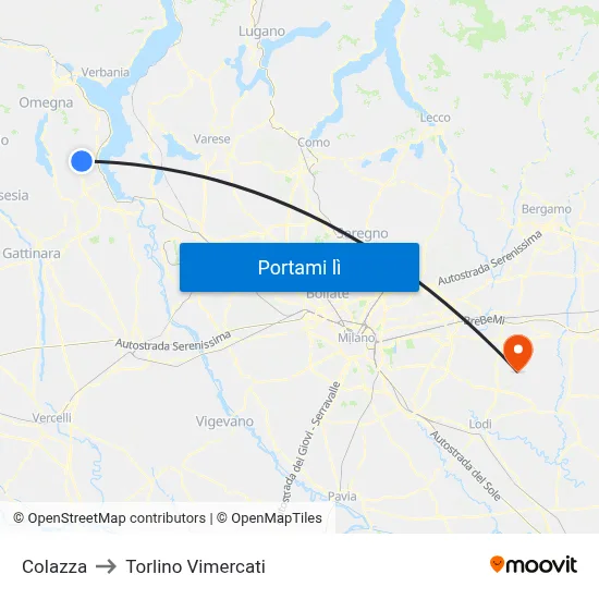 Colazza to Torlino Vimercati map