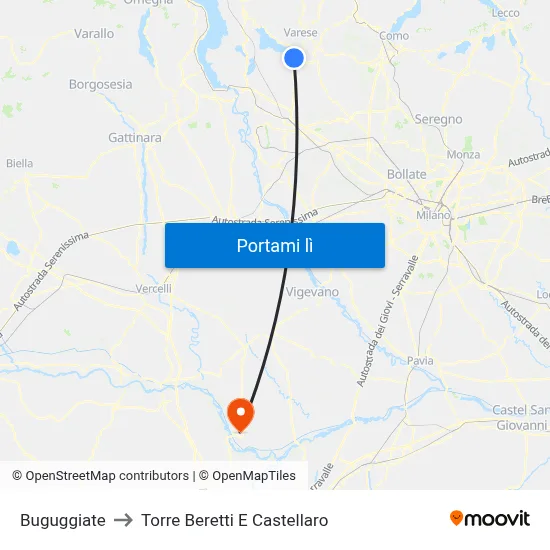 Buguggiate to Torre Beretti E Castellaro map