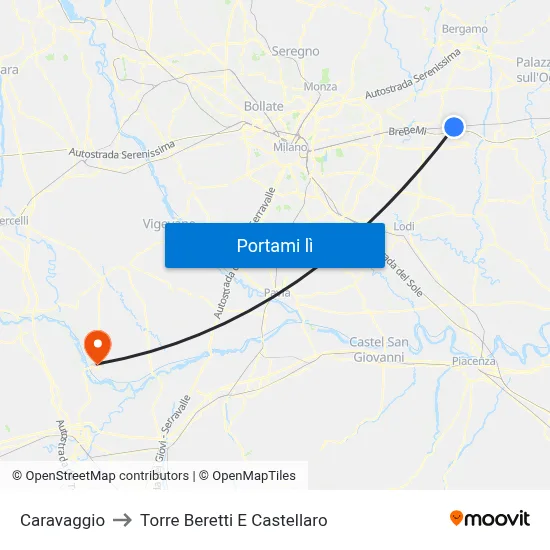 Caravaggio to Torre Beretti E Castellaro map