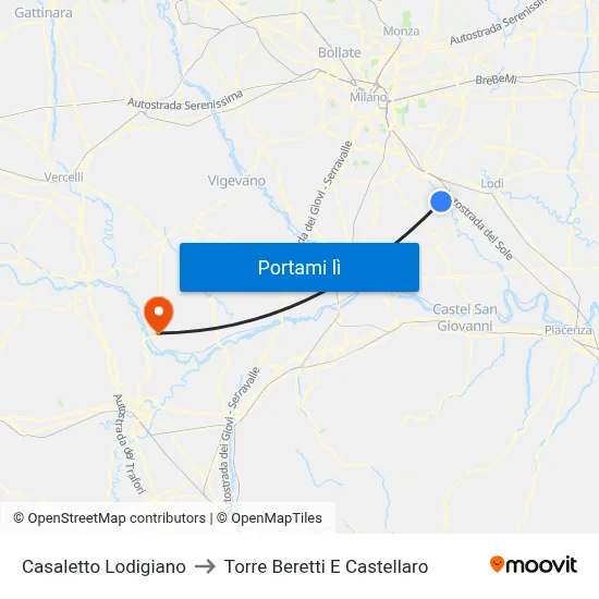 Casaletto Lodigiano to Torre Beretti E Castellaro map
