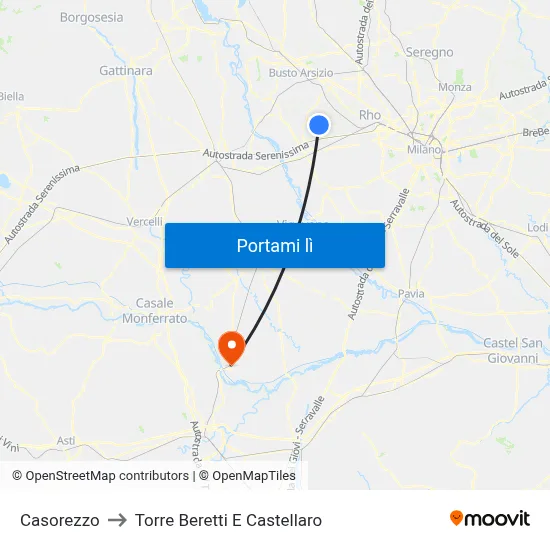 Casorezzo to Torre Beretti E Castellaro map