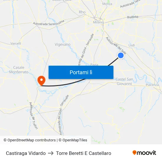 Castiraga Vidardo to Torre Beretti E Castellaro map