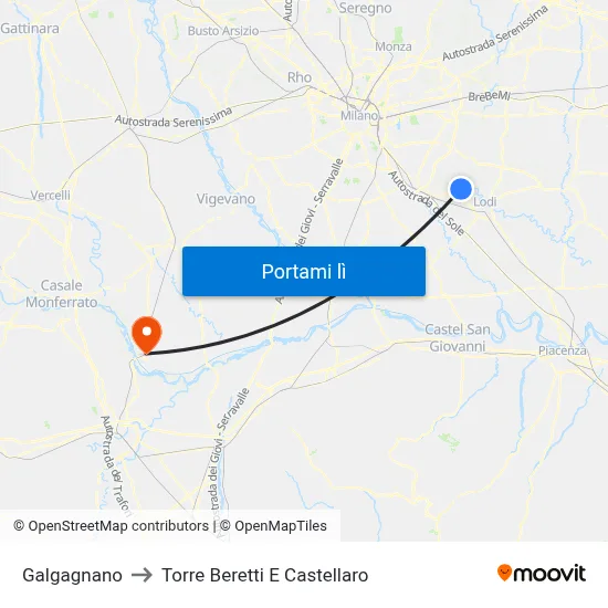 Galgagnano to Torre Beretti E Castellaro map