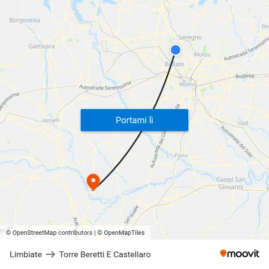 Limbiate to Torre Beretti E Castellaro map