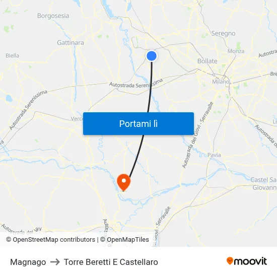 Magnago to Torre Beretti E Castellaro map