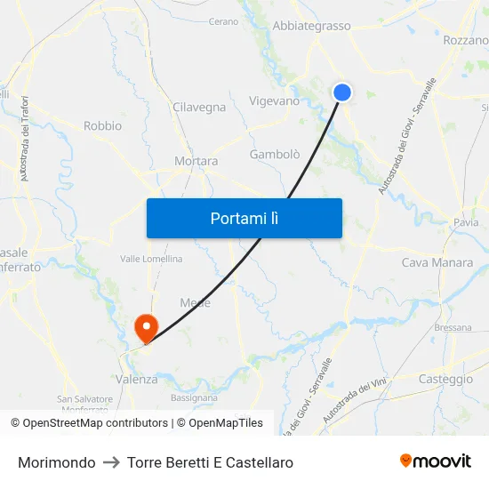 Morimondo to Torre Beretti E Castellaro map