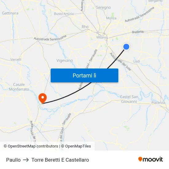 Paullo to Torre Beretti E Castellaro map