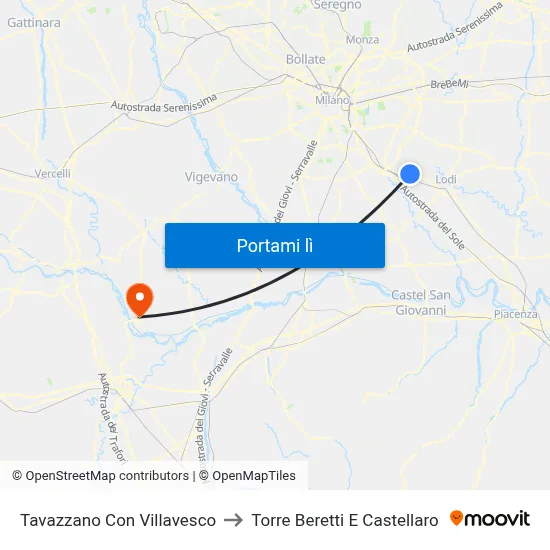 Tavazzano Con Villavesco to Torre Beretti E Castellaro map
