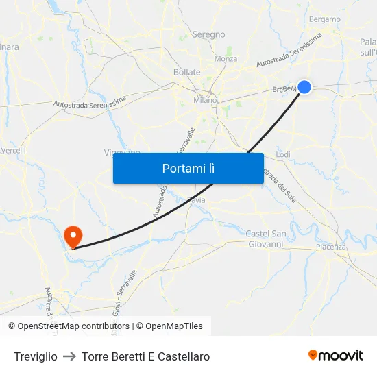 Treviglio to Torre Beretti E Castellaro map