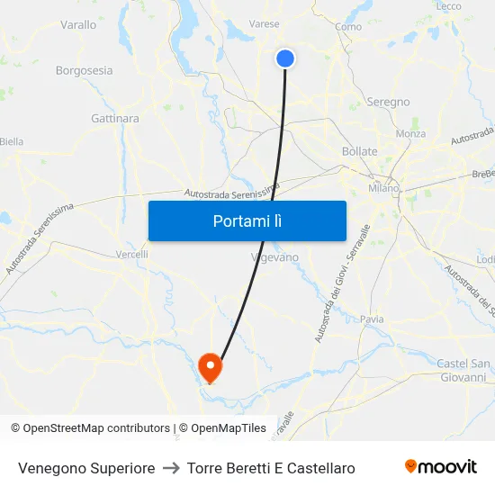 Venegono Superiore to Torre Beretti E Castellaro map
