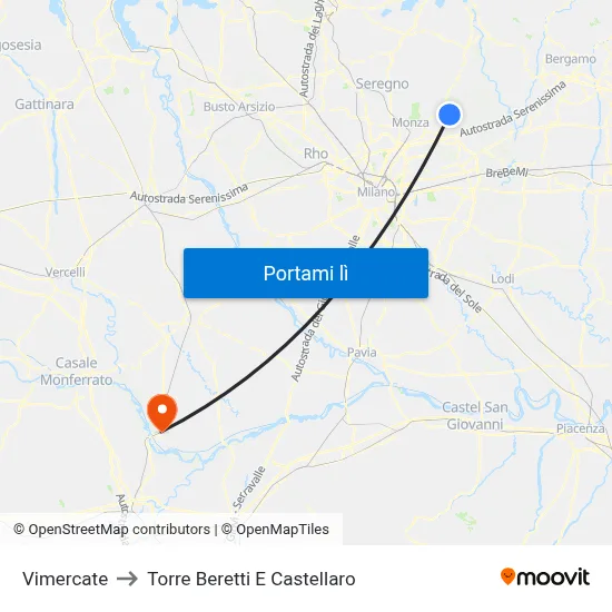 Vimercate to Torre Beretti E Castellaro map