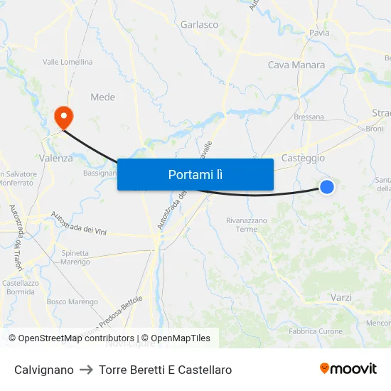 Calvignano to Torre Beretti E Castellaro map