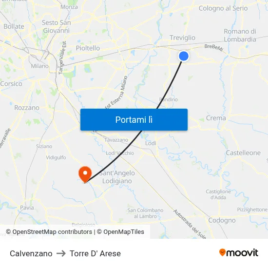 Calvenzano to Torre D' Arese map