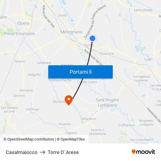 Casalmaiocco to Torre D' Arese map
