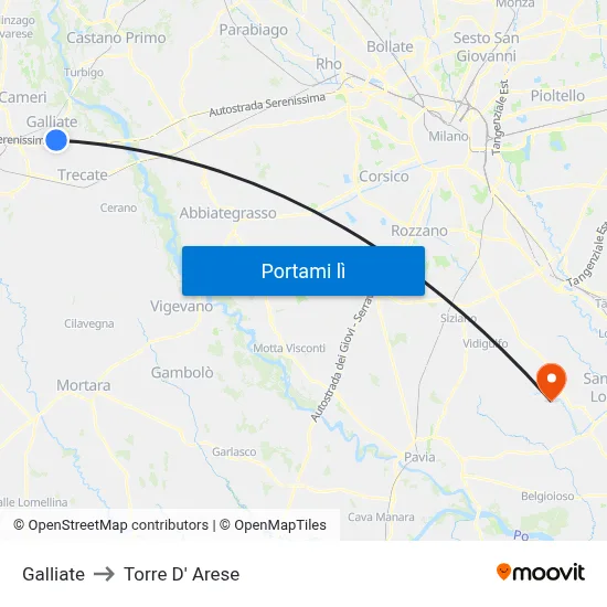 Galliate to Torre D' Arese map