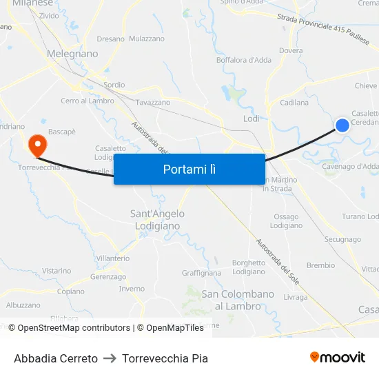 Abbadia Cerreto to Torrevecchia Pia map