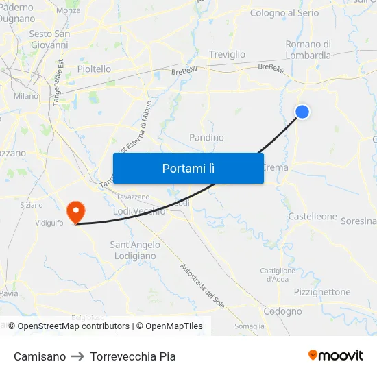 Camisano to Torrevecchia Pia map