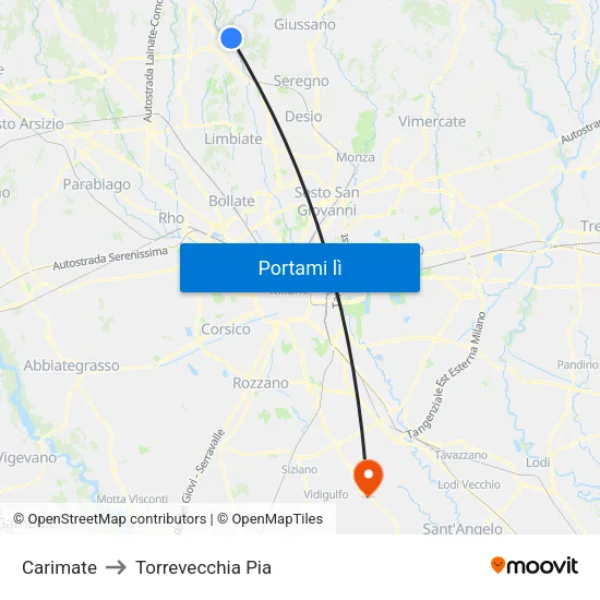 Carimate to Torrevecchia Pia map