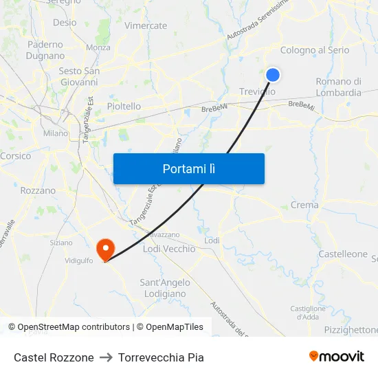 Castel Rozzone to Torrevecchia Pia map