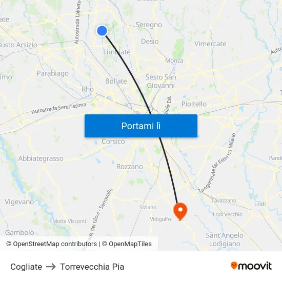 Cogliate to Torrevecchia Pia map