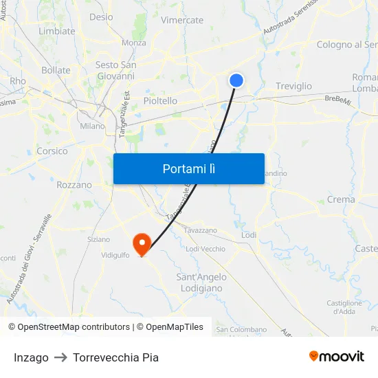 Inzago to Torrevecchia Pia map