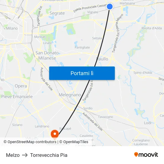Melzo to Torrevecchia Pia map