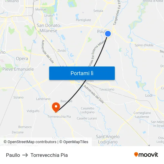 Paullo to Torrevecchia Pia map