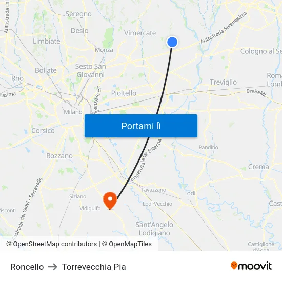 Roncello to Torrevecchia Pia map