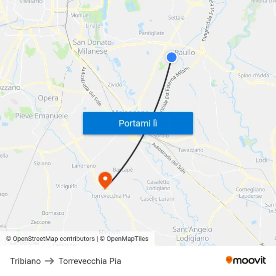 Tribiano to Torrevecchia Pia map