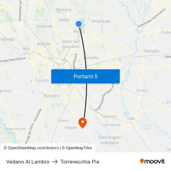 Vedano Al Lambro to Torrevecchia Pia map
