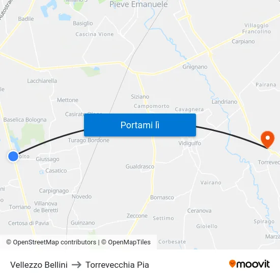 Vellezzo Bellini to Torrevecchia Pia map